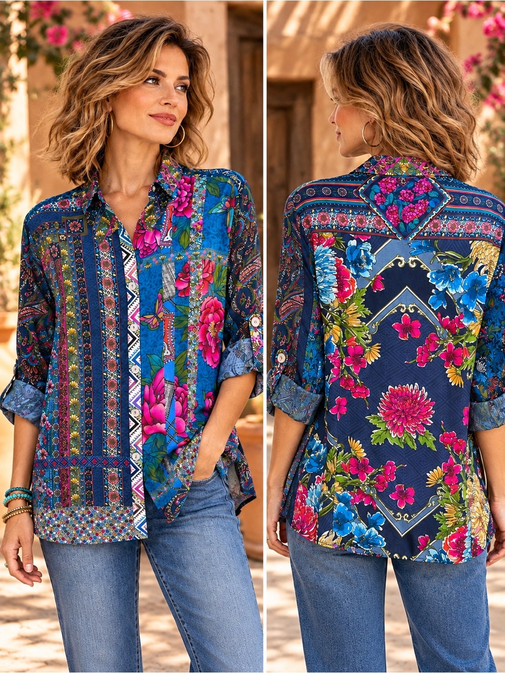 John Mark Mixed Floral Print Optional Roll Tab Long Sleeve Tunic Blouse XL